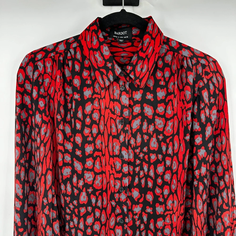 Bardot Womens Red‎ Leopard Print Button Down Blouse Long Sleeve Collared Top S 6